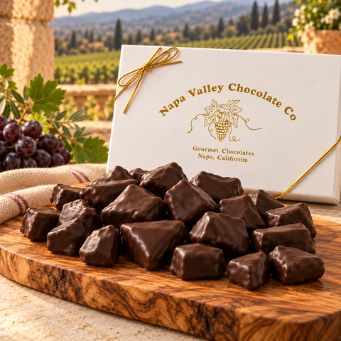 Hand-dipped dark chocolate sponge candy piled on an olive wood board beside a Napa Valley Chocolate Co. gift box overlooking vineyards.