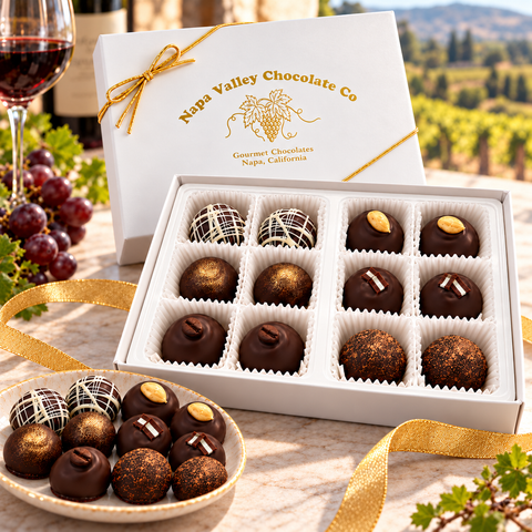 A boxed assortment of chocolate truffles and chocolates from Napa Valley Chocolate Co, displayed on a table with a wine glass, grapes, and a vineyard background. The white gift box is open, showing 12 chocolates, with a smaller bowl of assorted chocolates in front and a gold ribbon tied around the box.