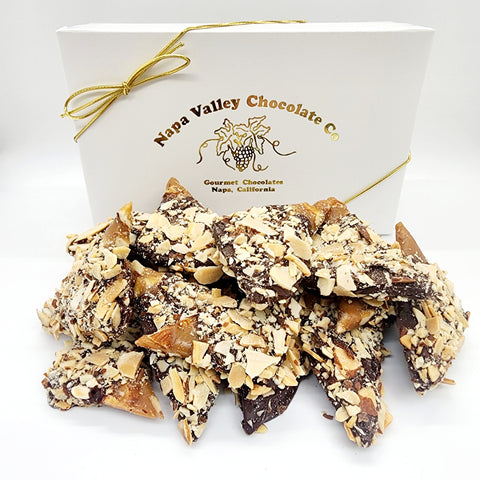 Chocolate covered  Almond Toffee in Gift Box. Toffee Lovers, Handcrafted Artisan Chocolate Almond Toffee from Napa Valley Chocolate Company