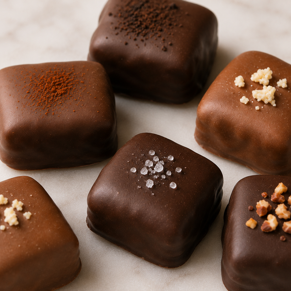 Chocolate covered caramels with various flavors on a marble counter. Your private Chocolatier