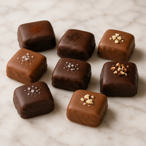 Assorted chocolate covered caramels with different toppings on a marble counter. Napa Valley Chocolate Co.