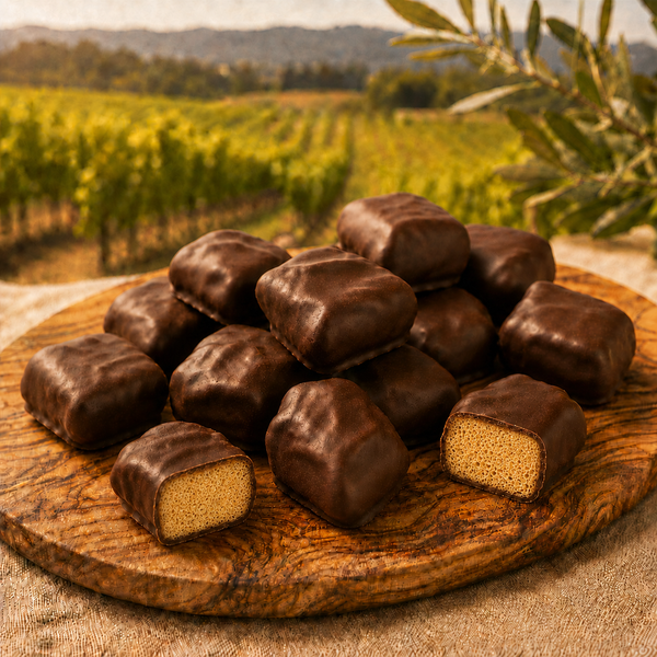 Dark Chocolate Sponge Candy on olivewood platter - Napa Valley Chocolate Co.
