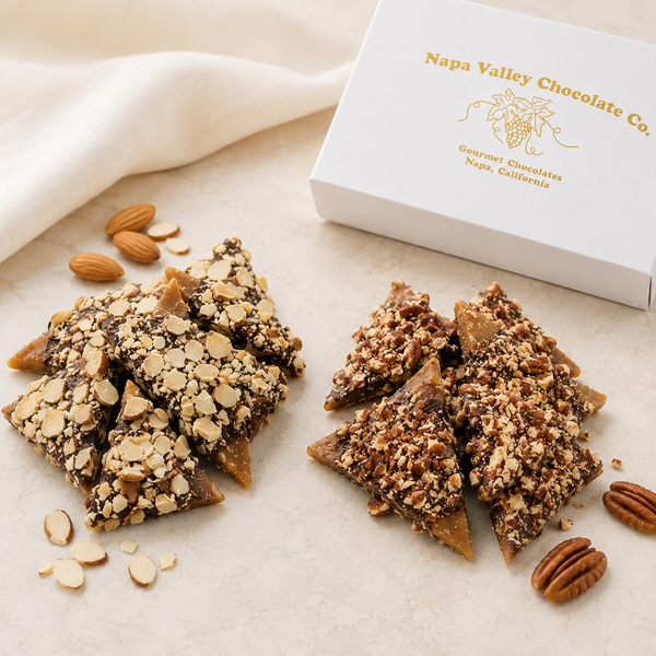 Chocolate Covered English Toffee with toasted almond and pecan pieces.