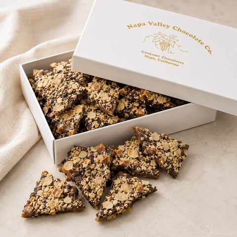Chocolate Covered English Toffee with toasted nuts in a Napa Valley gift box.