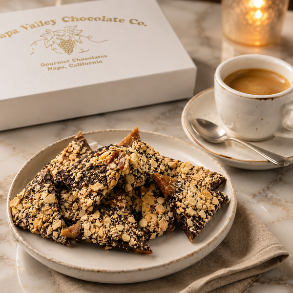 Chocolate Covered English Toffee served with coffee in a warm after-dinner setting.
