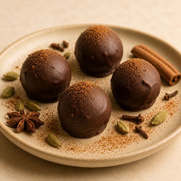 Garam Masala Truffles on plate with ingredients - Napa Valley Chocolate Company
