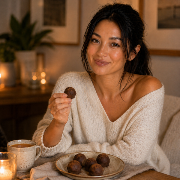 Jade holding a Garam Masala Truffle in a quiet setting