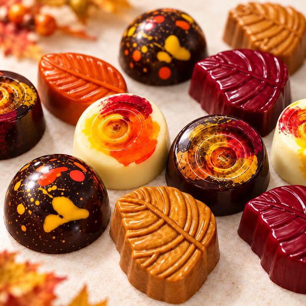Close-up of handcrafted Harvest Chocolate Truffles featuring colorful molded chocolate shells, autumn leaf designs, and decorated gourmet chocolate bonbons.