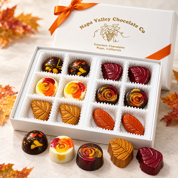 Harvest Chocolate Truffle Collection featuring 12 handcrafted gourmet chocolates in a Napa Valley Chocolate Company gift box with colorful autumn designs.