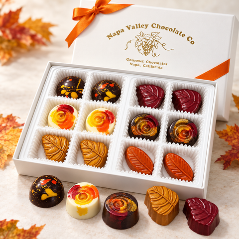 Harvest Chocolate Truffle Collection featuring 12 handcrafted gourmet chocolates in a Napa Valley Chocolate Company gift box with colorful autumn designs.