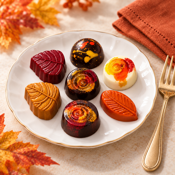 Handcrafted Harvest Chocolate Truffles arranged on a white dessert plate beside a fork, showing bite-sized gourmet chocolates with autumn leaf designs.