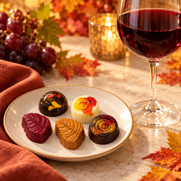 Napa Valley Harvest Chocolate Truffles paired with a glass of red wine, featuring gourmet molded chocolates in rich autumn colors and seasonal designs.