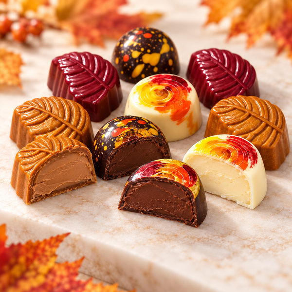 Harvest Chocolate Truffles cut open to reveal smooth, flavored chocolate ganache centers surrounded by colorful handcrafted molded chocolate shells.