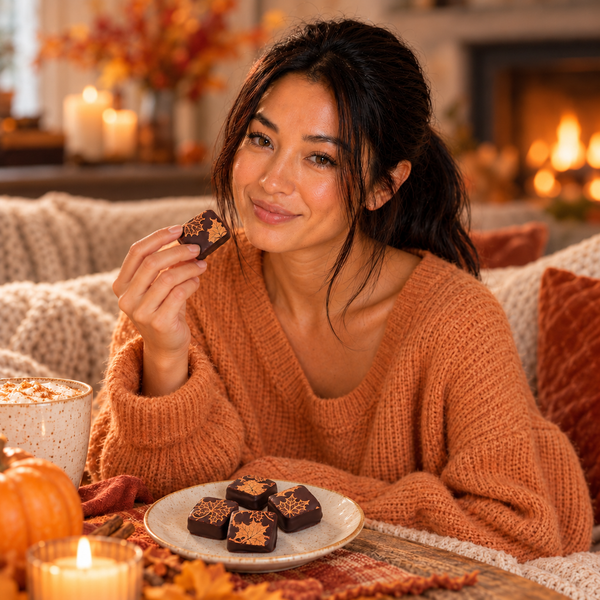 Jade wearing an orange sweater enjoys a chocolate covered pumpkin spice caramel with copper autumn leaf decoration beside a plate of handcrafted caramels.