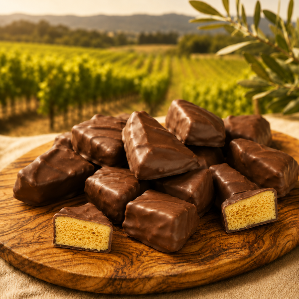 Milk Chocolate Sponge Candy on an olivewood platter - Delicious treats from the Napa Valley