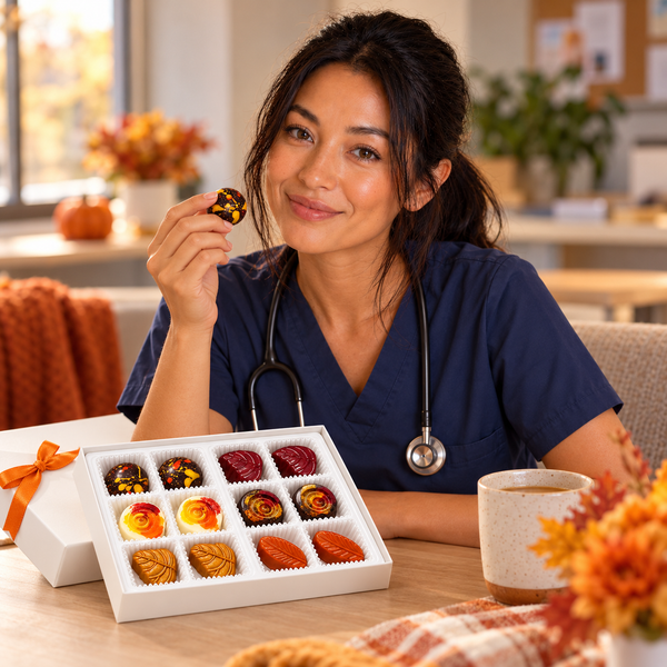 Jade wearing navy nurse scrubs enjoying a handcrafted Harvest Chocolate Truffle beside an open Napa Valley Chocolate Company fall chocolate gift box.