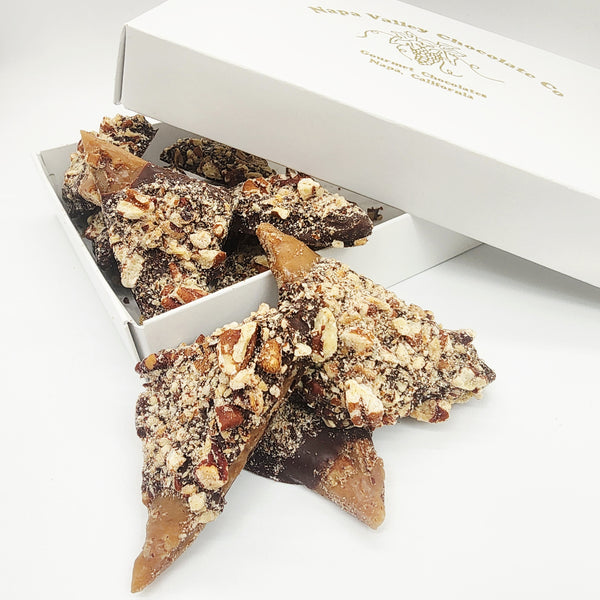 Chocolate covered  Pecan Toffee in Gift Box. Toffee Lovers, Handcrafted Artisan Chocolate Pecan Toffee