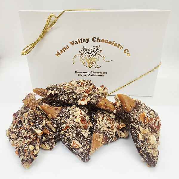 Chocolate covered  Pecan Toffee in Gift Box. Toffee Lovers, Handcrafted Artisan Chocolate Pecan Toffee from Napa Valley Chocolate Company