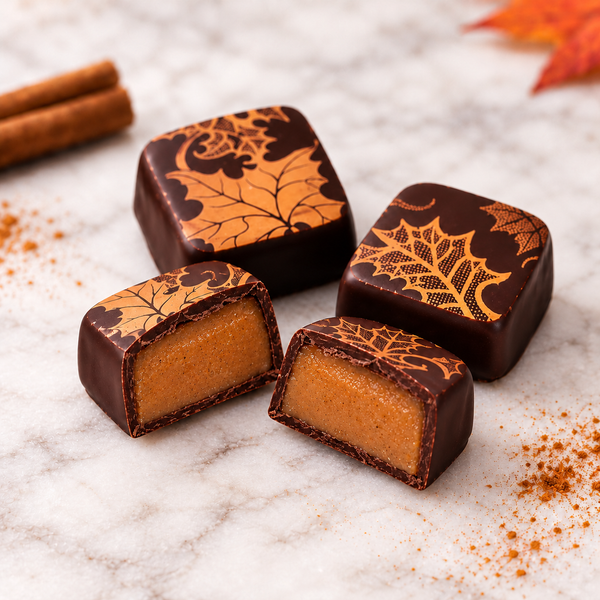Two cut chocolate covered pumpkin spice caramel halves reveal soft, buttery amber caramel centers inside dark chocolate shells, with two whole decorated caramels.