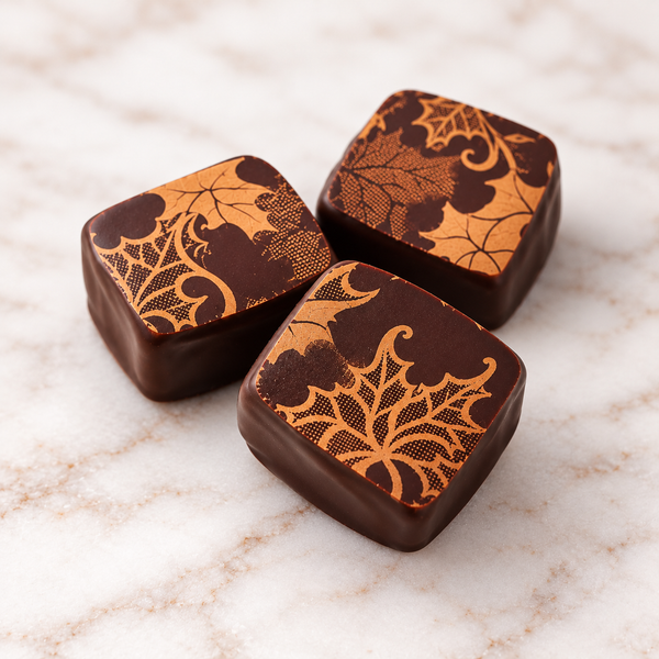 Close-up of three square chocolate covered pumpkin spice caramels featuring smooth dark chocolate coatings and intricate copper-bronze autumn leaf patterns.