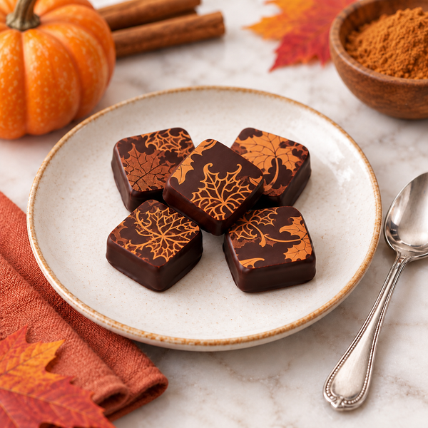 Five handcrafted chocolate covered pumpkin spice caramels decorated with copper-bronze autumn leaves on a cream ceramic plate beside a silver spoon.