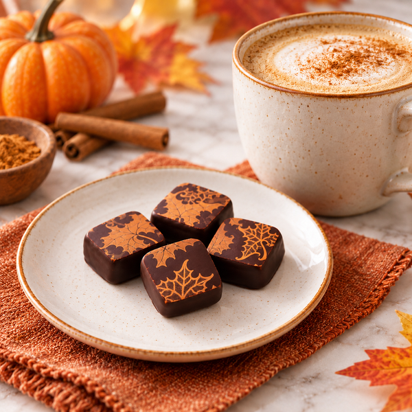 Four dark chocolate pumpkin spice caramels with copper autumn leaf designs on a ceramic plate beside a cup of coffee, cinnamon sticks, and fall decorations.