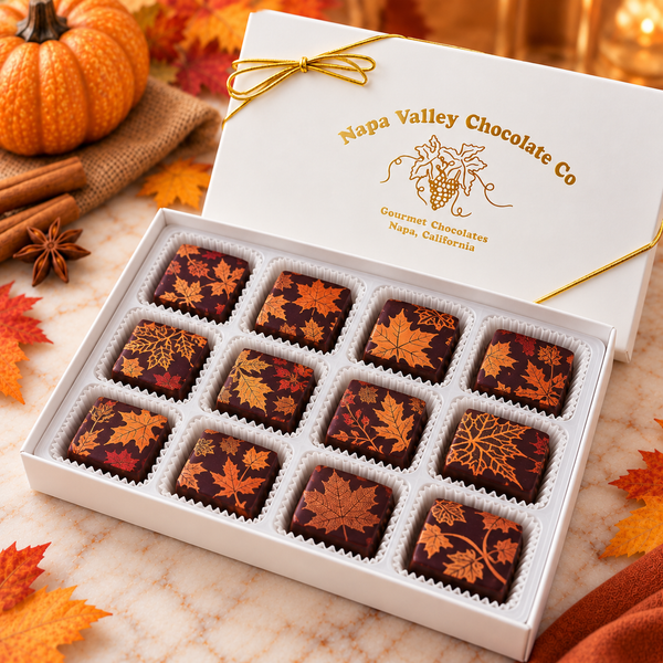 Napa Valley Chocolate Company 12-piece gift box of dark chocolate covered pumpkin spice caramels with copper-orange autumn leaf designs, presented in white candy cups.
