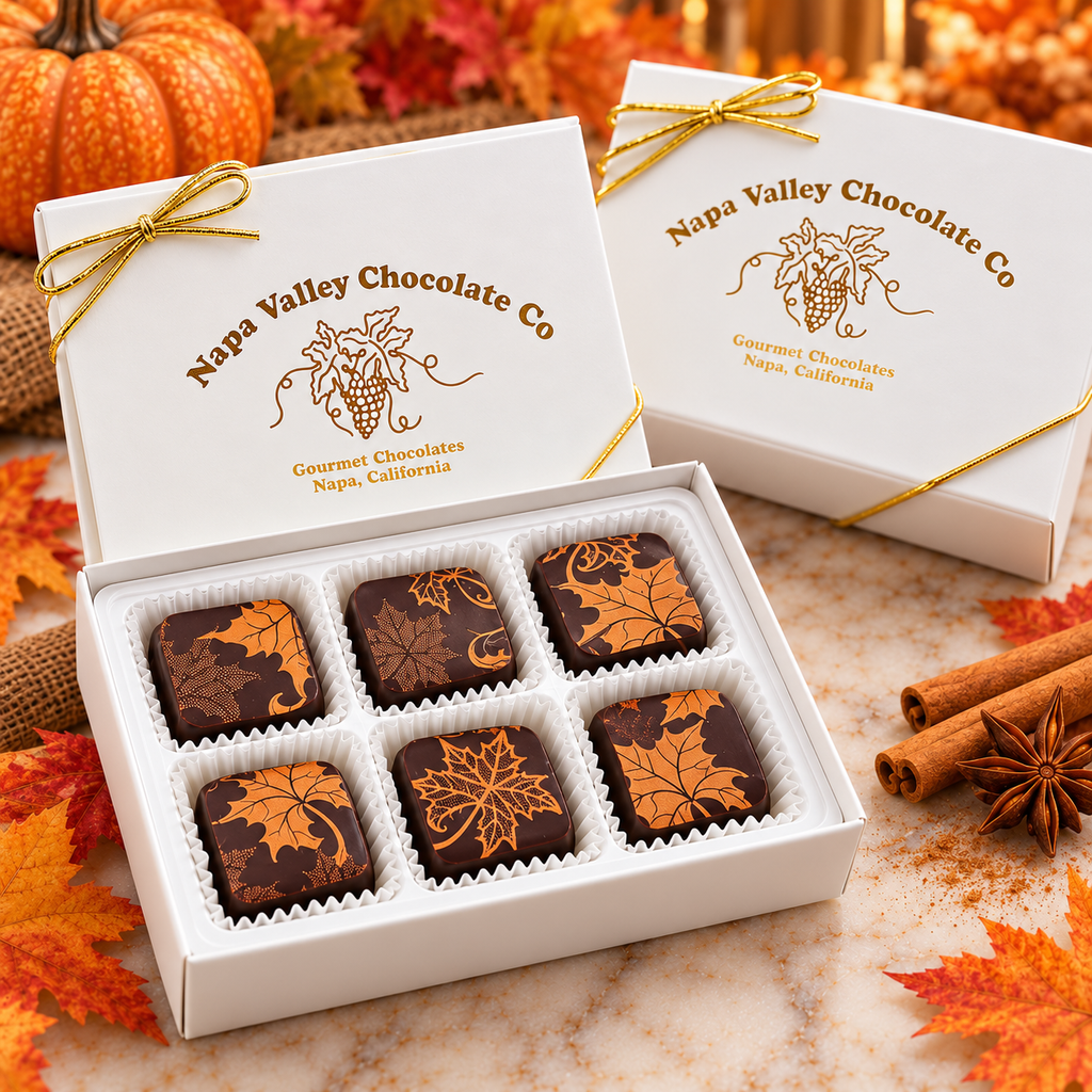 Two 6-piece Napa Valley Chocolate Company pumpkin spice caramel gift boxes, one open displaying six dark chocolate caramels with autumn leaf designs and one closed with gold ribbon.
