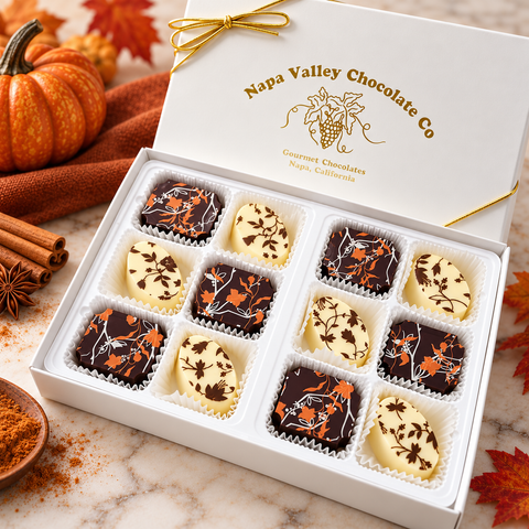 Open white Napa Valley Chocolate Company gift box displaying 12 handcrafted pumpkin spice truffles in dark and white chocolate with botanical designs.