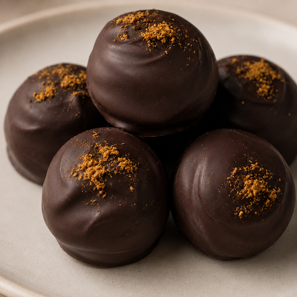 Close-up of hand-dipped Savory Curry Chocolate Truffles with curry spice garnish