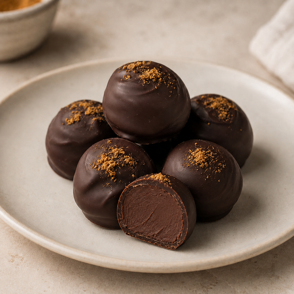 Cut Savory Curry Chocolate Truffle showing smooth dark chocolate ganache center