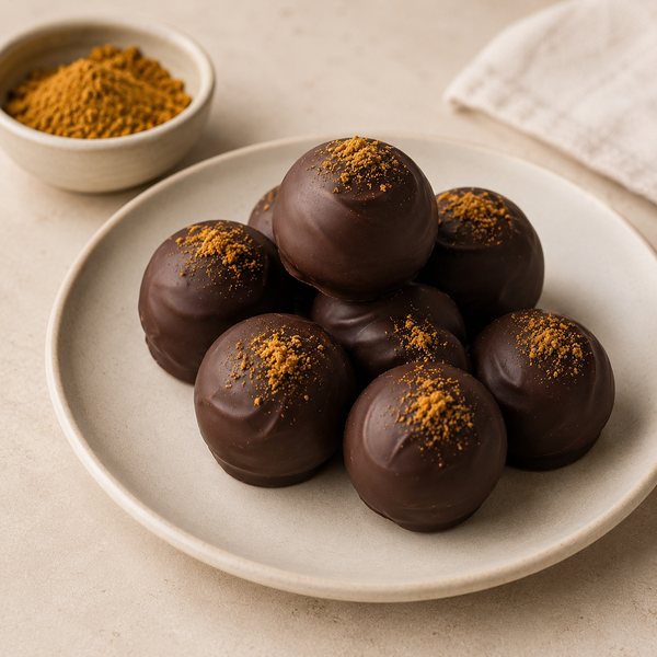 Savory Curry Chocolate Truffles styled with a small bowl of curry spice