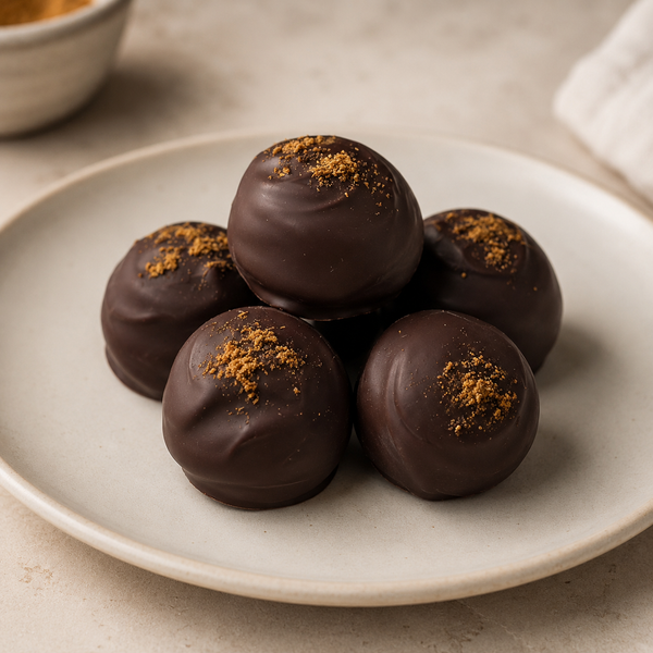 Savory Curry Chocolate Truffles with dark chocolate and golden spice garnish