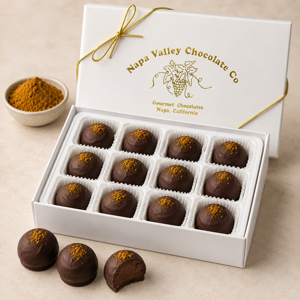 Savory Curry Chocolate Truffles in Napa Valley Chocolate Company gift box