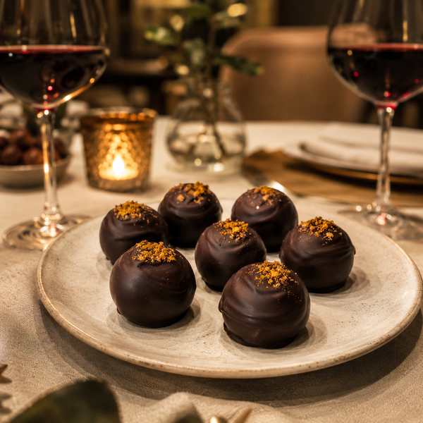 Savory Curry Chocolate Truffles served after dinner with red wine and warm lighting