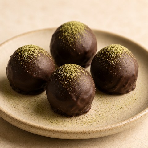 Wasabi Chocolate Truffles on a ceramic plate with green wasabi dusting.