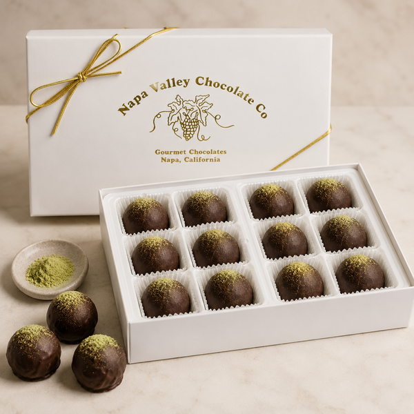 Wasabi Chocolate Truffles in a 12-piece Napa Valley Chocolate Company gift box with gold logo