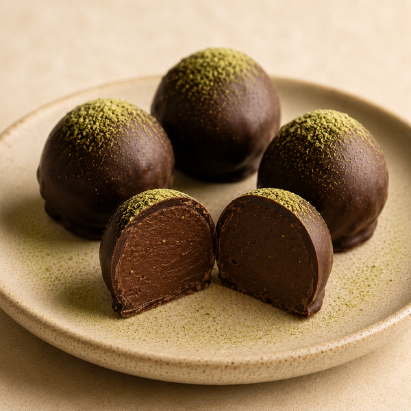 Cut Wasabi Chocolate Truffle showing creamy ganache with tiny wasabi flecks.