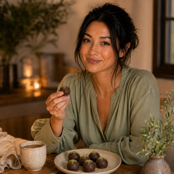 Hand-dipped Wasabi Chocolate Truffles with tea in a cozy Napa Valley Chocolate Company 