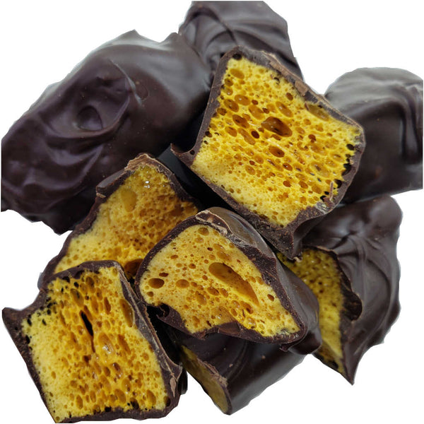 Dark Chocolate Covered Sponge Candy, Chocolate Covered Honeycomb Candy, Chocolate Covered Seafoam Candy, Sponge Candy, Seafoam Candy, Honeycomb Candy